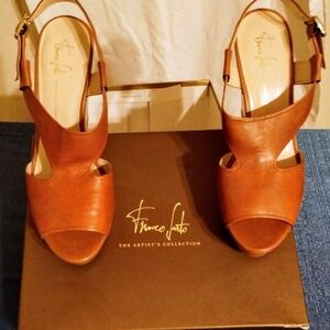 Brown and Tan Wedge Shoes with High Heel and Smooth Surface